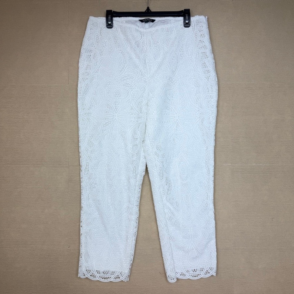 Lauren Ralph Lauren White Floral Lace Cropped Pants Size 12 Scalloped Hem